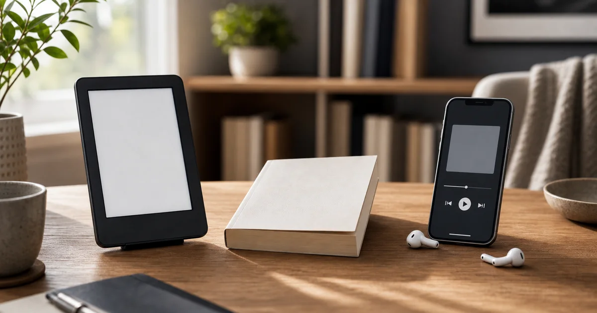 A blank e-reader, paperback book, generic phone audio player, and earbuds on a warm desk with bookshelves in the background