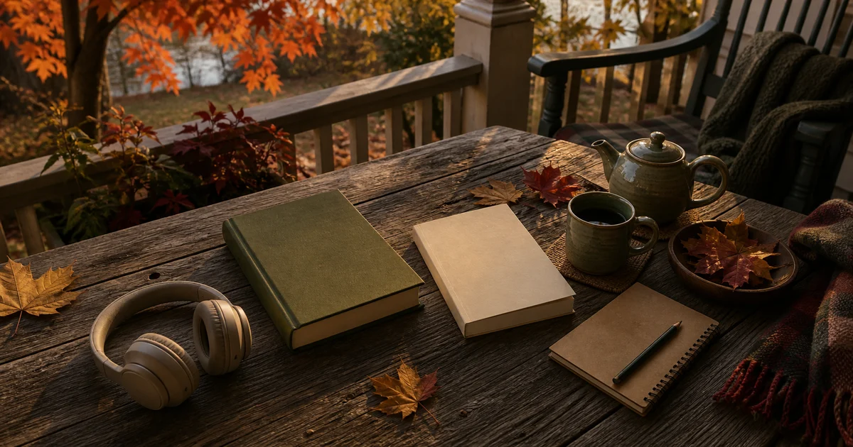 A New England fall porch table with blank books, simple headphones, maple leaves, teapot, and weathered wood