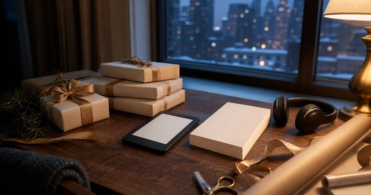 A winter city gift-wrapping table with blank books, headphones, and a blank e-reader beside wrapped packages.