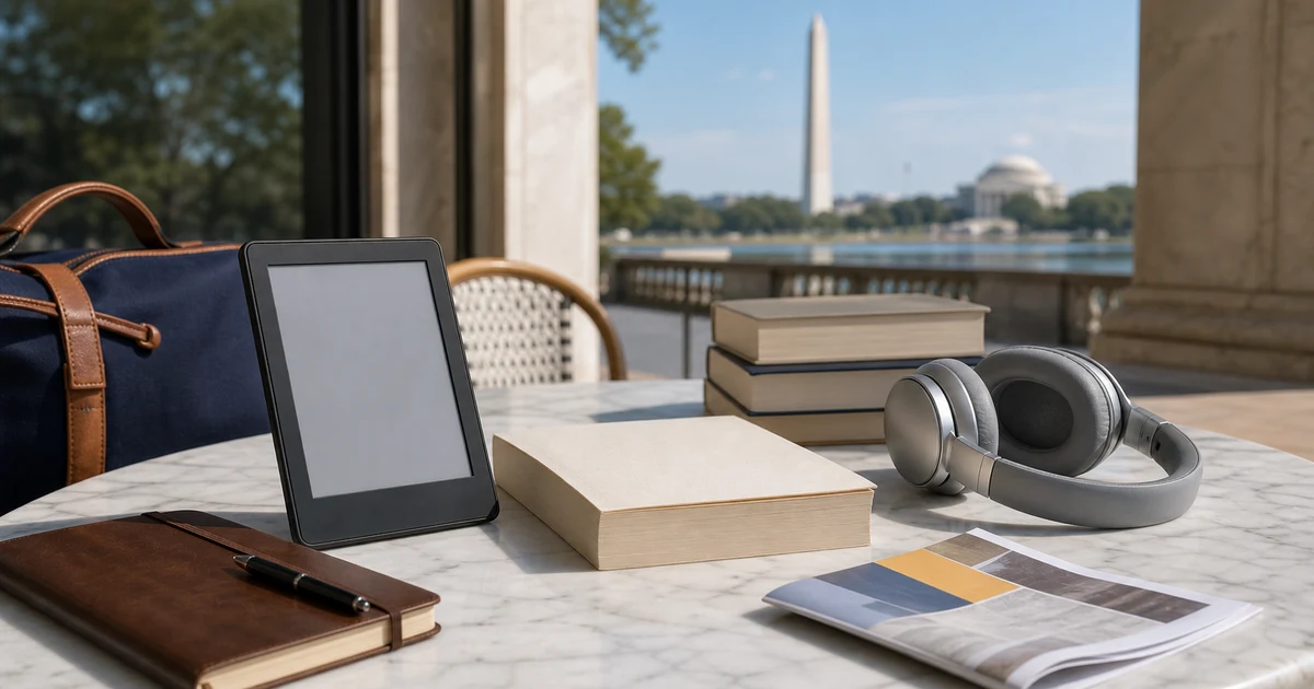 A museum cafe table with a blank e-reader, paperback, headphones, notebooks, and a distant Washington DC view
