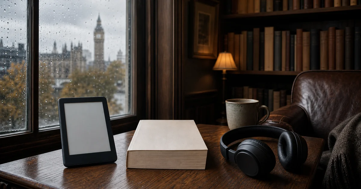Rainy London study with blank e-reader, paperback, headphones, and quiet biography reading mood