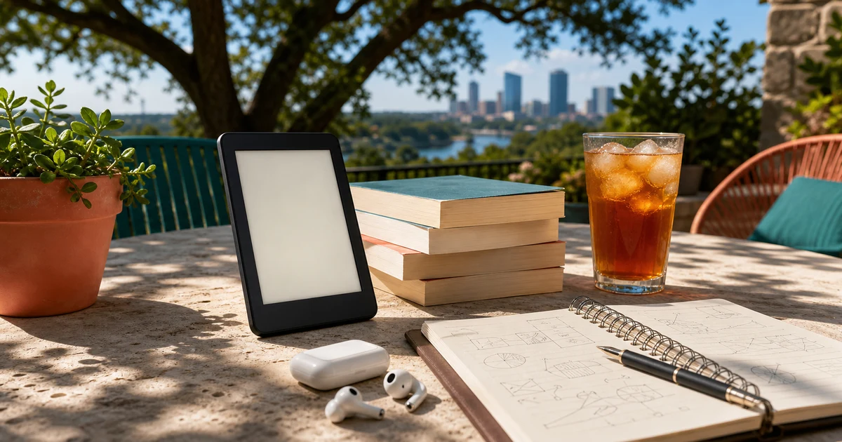 Sunny Austin patio with blank e-reader, paperback stack, earbuds, notebook, iced tea, and city light