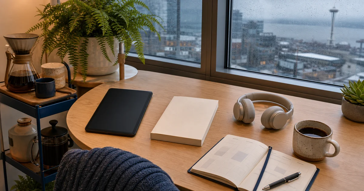 Rainy Seattle reading desk with blank tablet, paperback, headphones, coffee, fern, and abstract manager notebook
