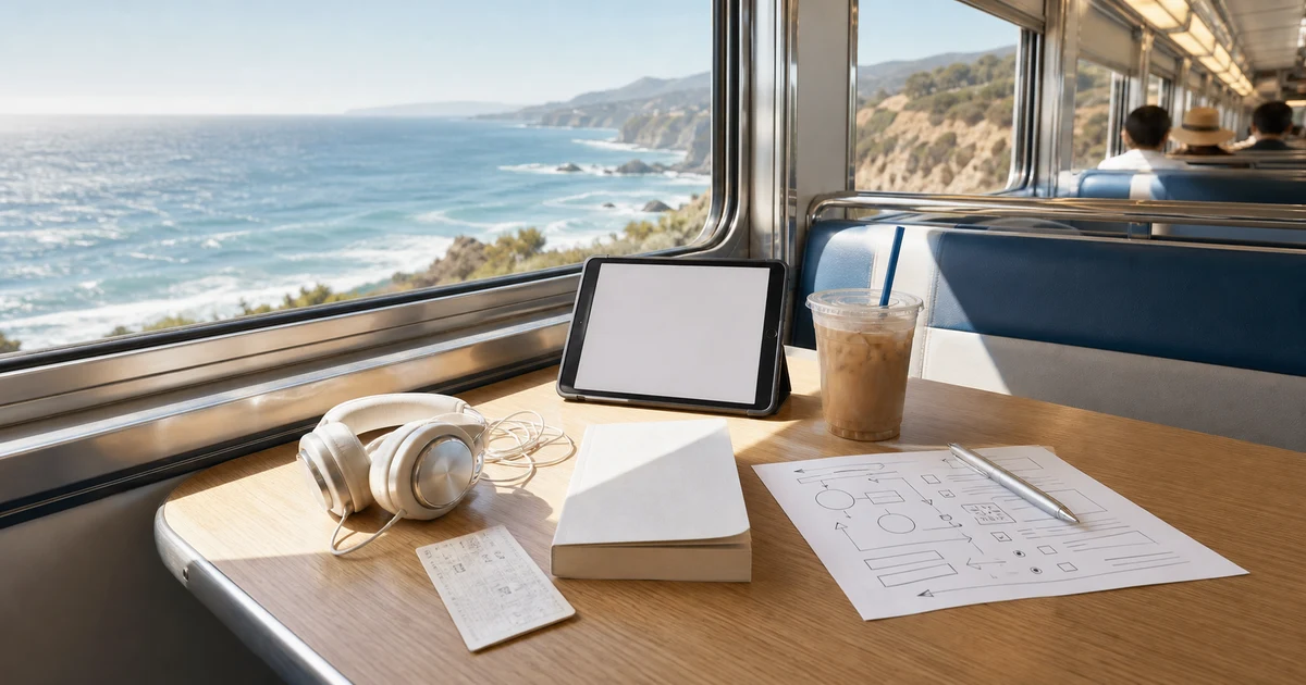 California coastal train cafe table with blank tablet, paperback, headphones, iced coffee, and abstract operating notes