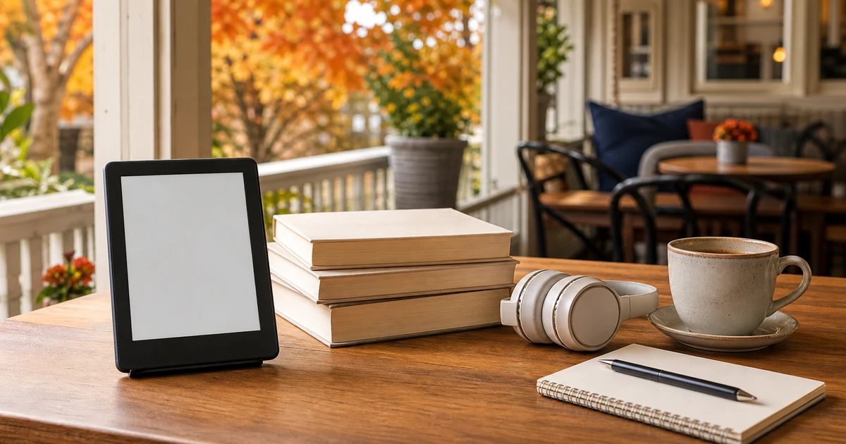 Bright New England porch coffeehouse table with a blank e-reader, plain technology books, headphones, coffee, and notebook