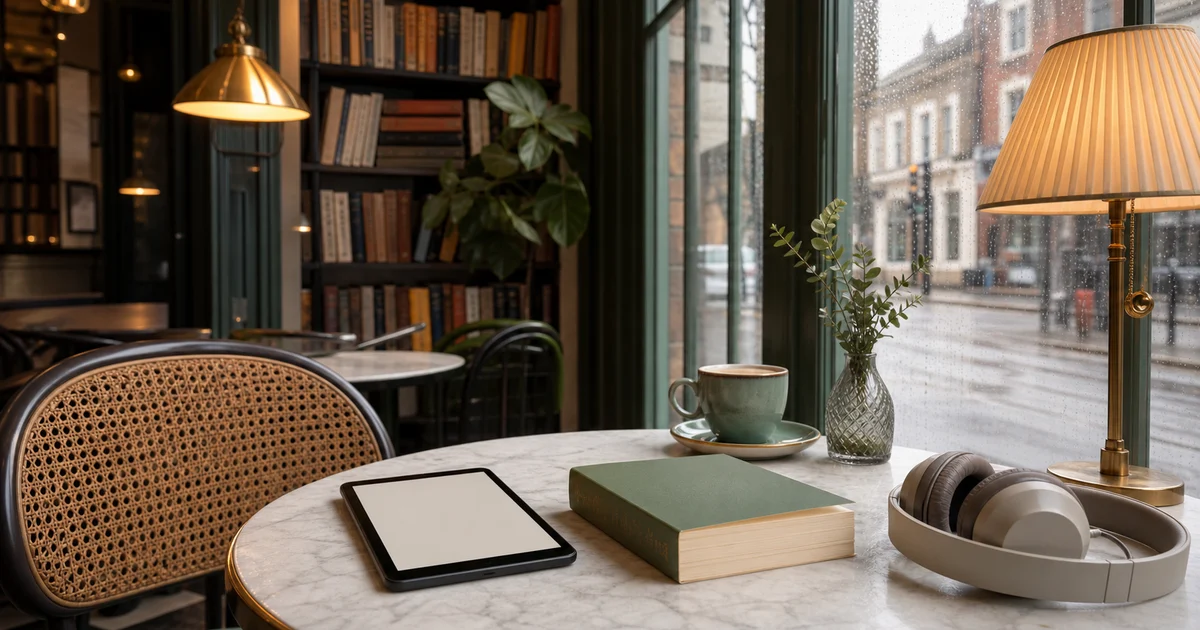 London-inspired cafe table with a blank tablet, paperback, headphones, rain-washed windows, and warm reading lamps