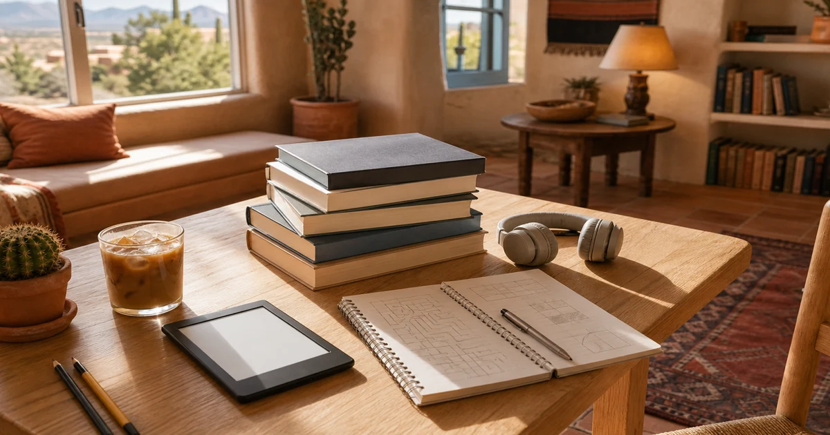 Bright Santa Fe study cafe room with blank technology books, a blank e-reader, headphones, notebooks, pencils, iced coffee, and desert light