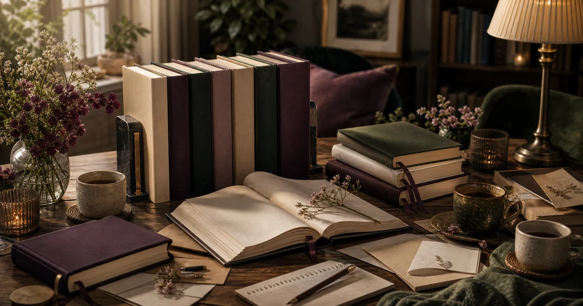 Elegant book club table with blank novels, cups, bookmark ribbons, flowers, and warm shared reading light