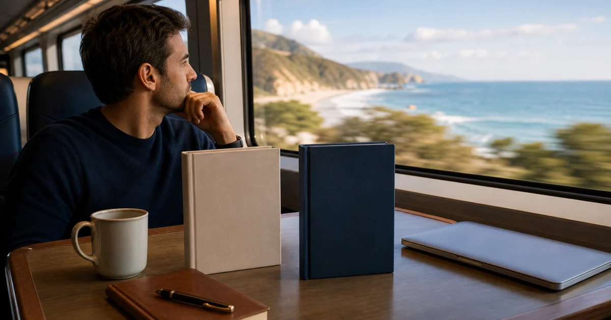 California coastal train lounge with blank books, closed laptop, coffee, and ocean light