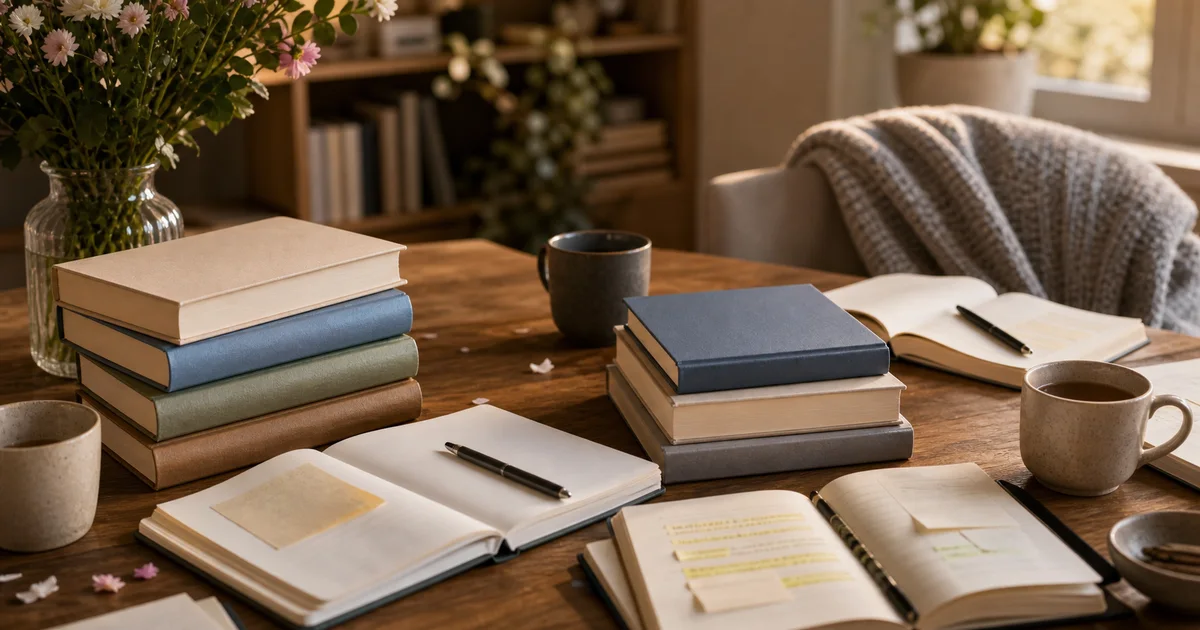Book club table with blank memoirs, mugs, notebooks, subtle highlighted pages without readable text, and warm living room light