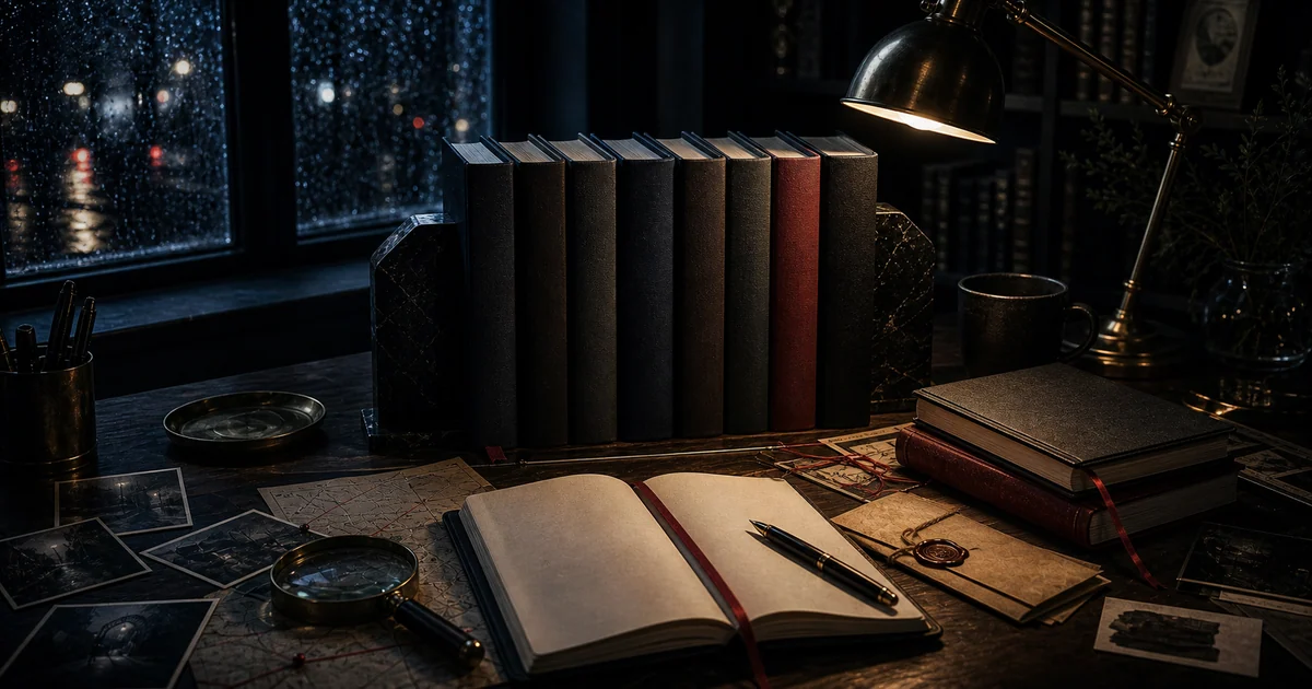 Moody noir reading desk with blank dark novels, magnifier, envelope, rain-lit window, and lamp shadows