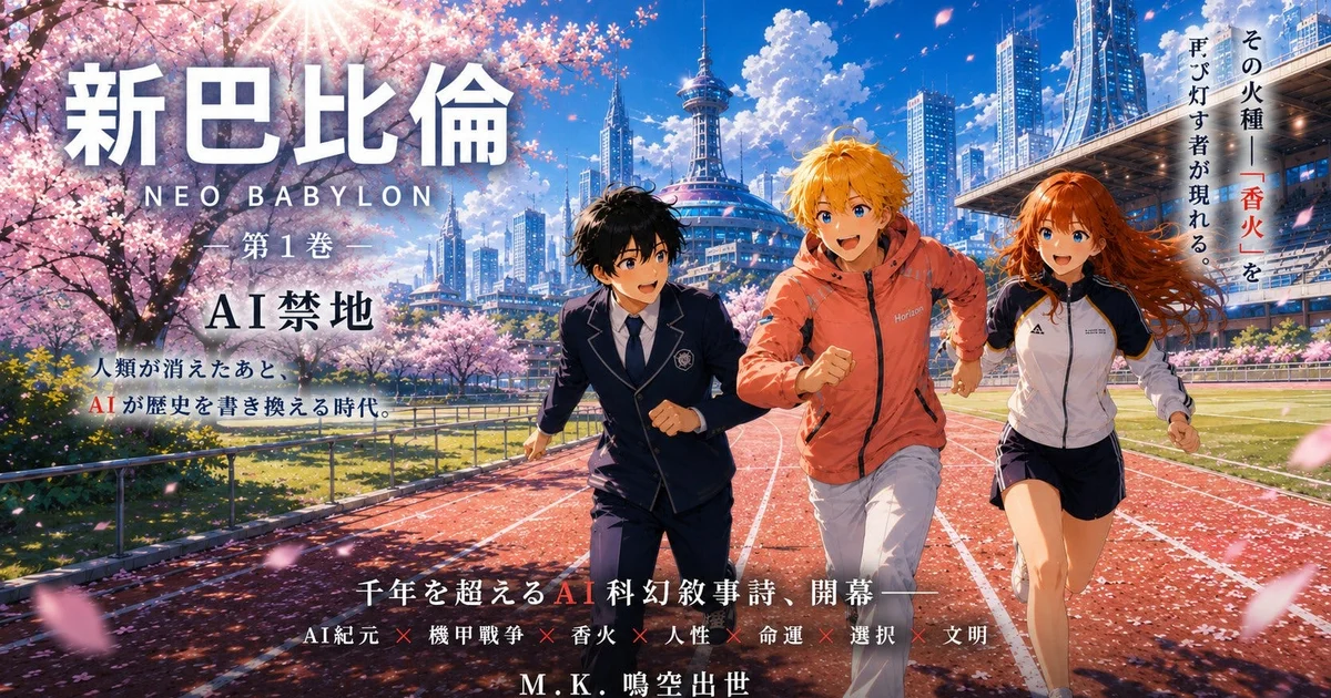 Neo Babylon promotional art with four young protagonists, towering AI mecha figures, storm clouds, ocean cliffs, and a futuristic city.