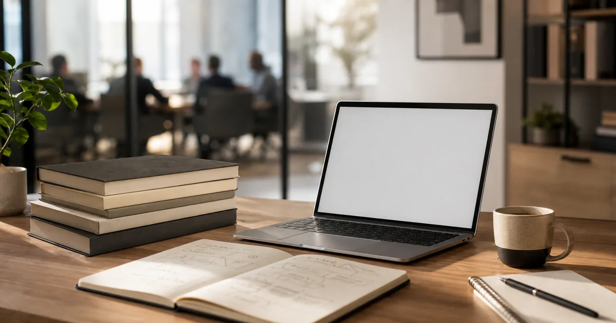 Modern office desk with blank business books, open notebook, blank laptop, and soft meeting room background