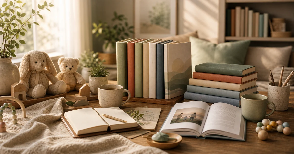 Warm family reading corner with blank parenting books, mugs, soft home objects, and gentle window light