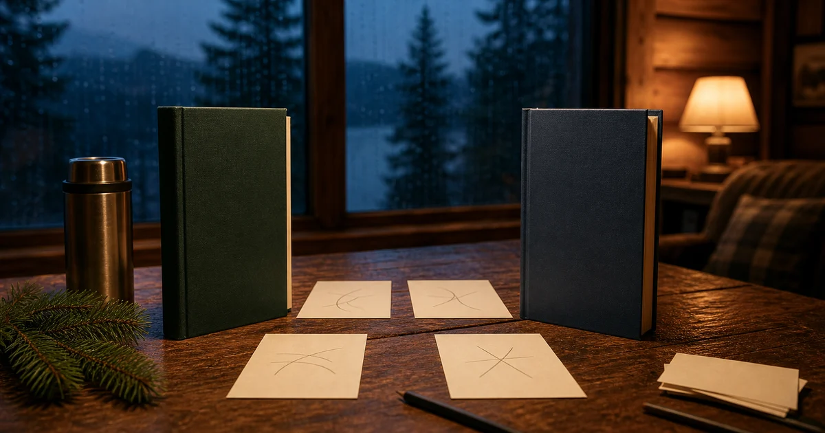 Pacific Northwest cabin table with two blank business books, discussion cards, thermos, pine branch, and rainy window