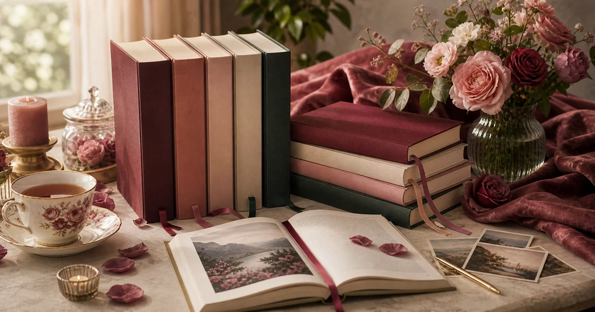 Tasteful romance reading table with blank novels, flowers, ribbon bookmarks, teacup, and soft daylight