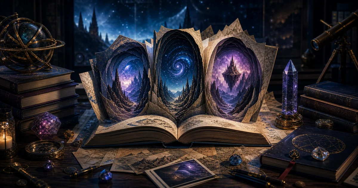 Cinematic speculative reading table with blank books opening into abstract star fields and glowing map-like layers