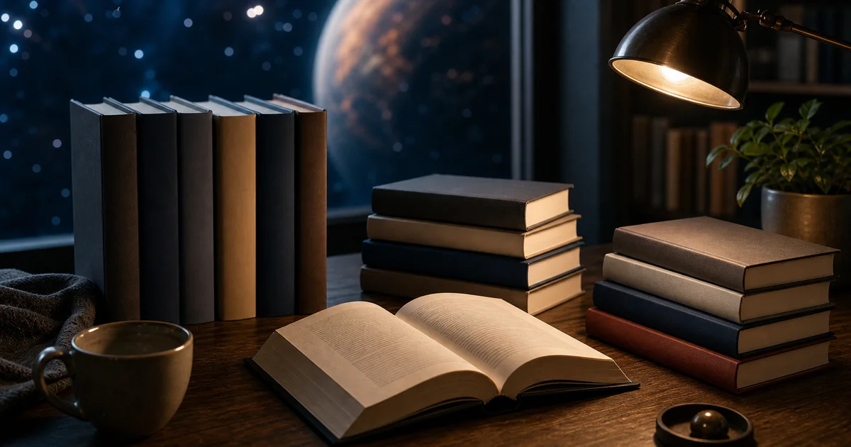 Cinematic reading desk with blank science fiction books, open book, subtle starfield reflection, and planet-like light