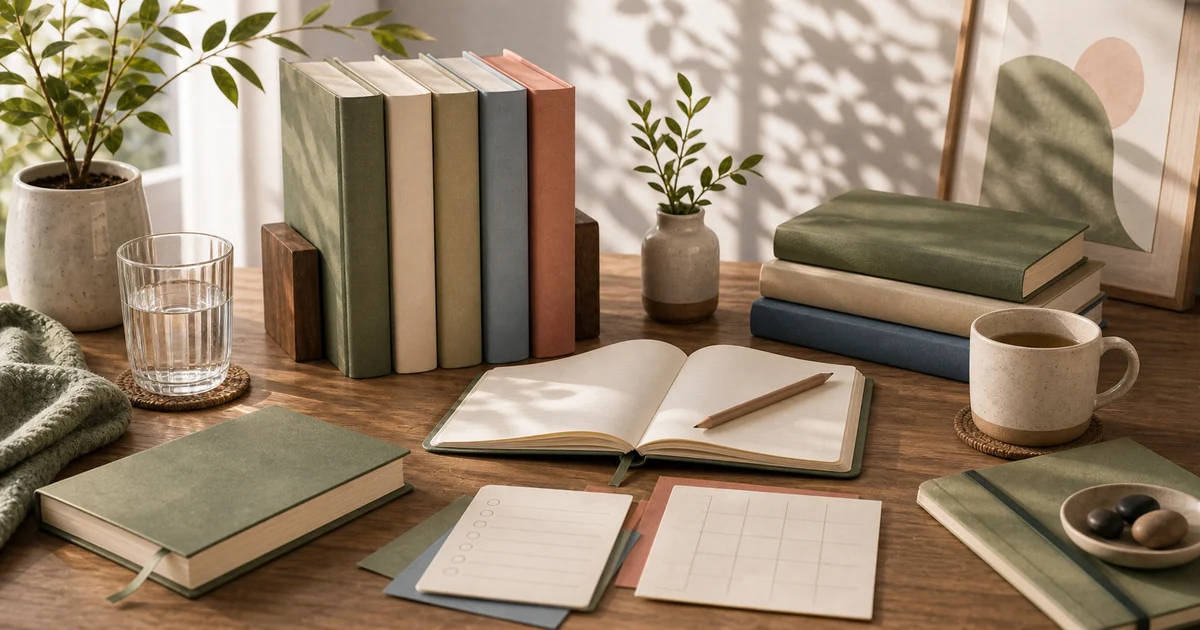 Calm habit reset reading desk with blank self-help books, journal, pencil, and soft morning light
