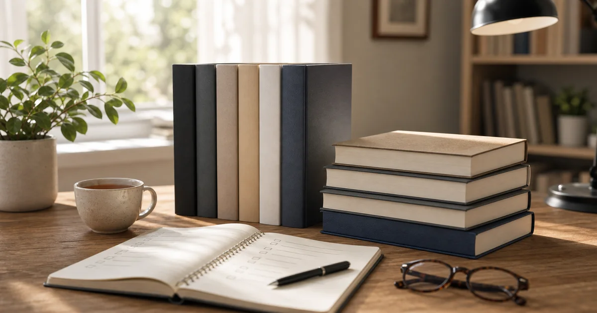 Calm desk with blank self-help books, an open notebook, reading glasses, tea, and soft morning light