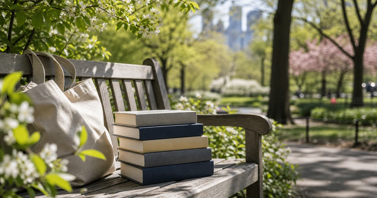 Spring garden bench with blank public-life biography books, linen tote, and afternoon park light