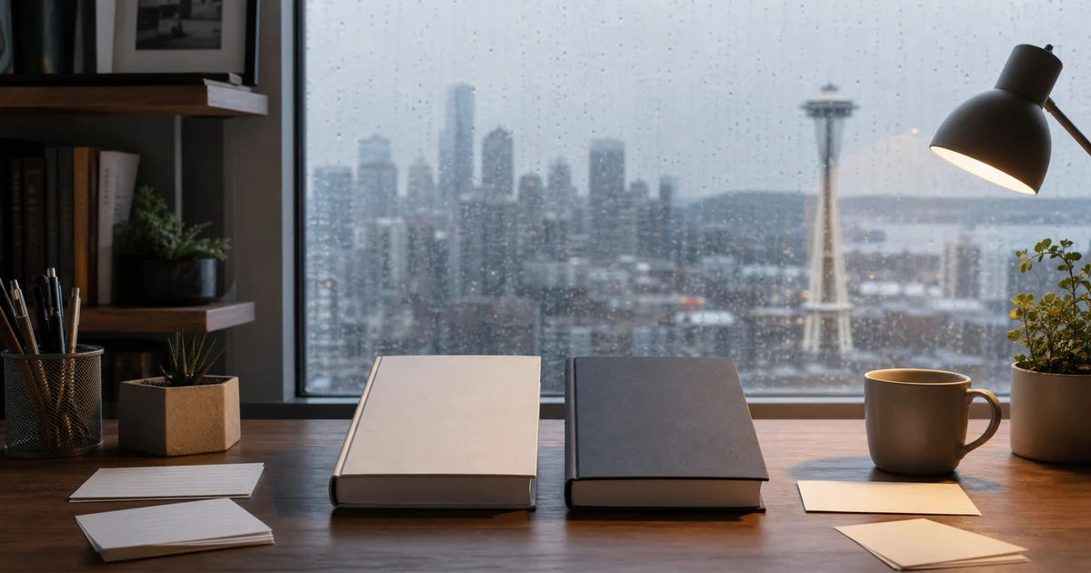 Rainy Seattle student cafe desk with two blank hardbacks, note cards, a warm lamp, and skyline through rain-streaked glass