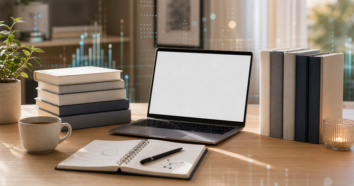 Refined technology reading desk with blank tech books, generic blank laptop, abstract data light, and notebook shapes without readable text