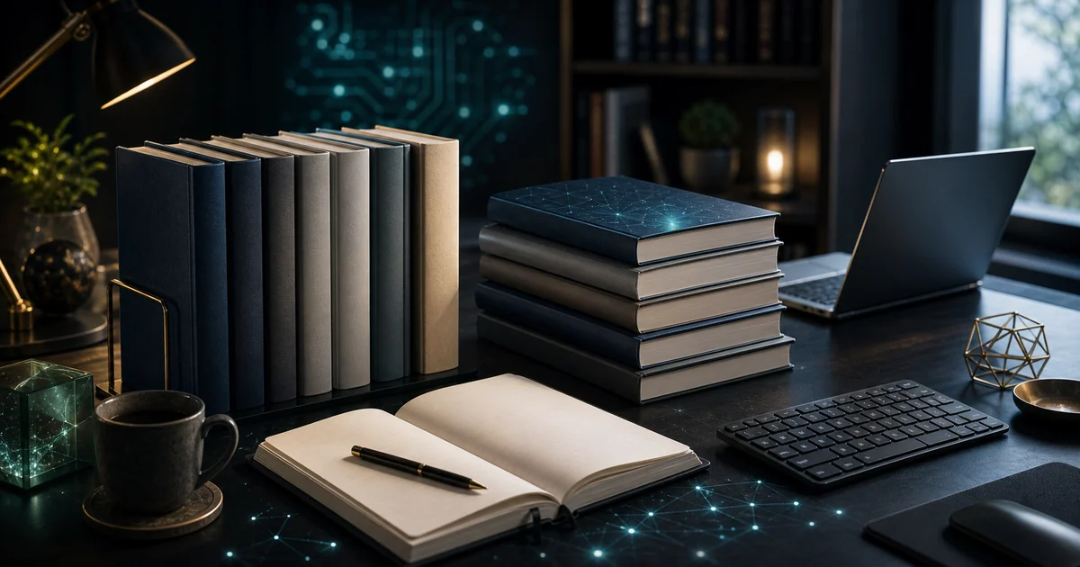 Modern technology reading desk with blank technical books, logo-free laptop, notebook, and blue-green light