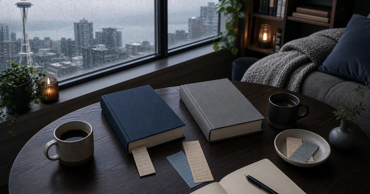 A rainy Seattle apartment morning with blank books, paper bookmarks, a coffee cup, and blue-gray window light
