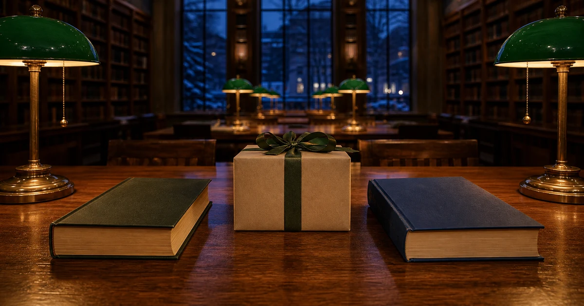 A New York library reading room at dusk with two blank classic hardcovers, a plain gift box, and green-shaded lamps