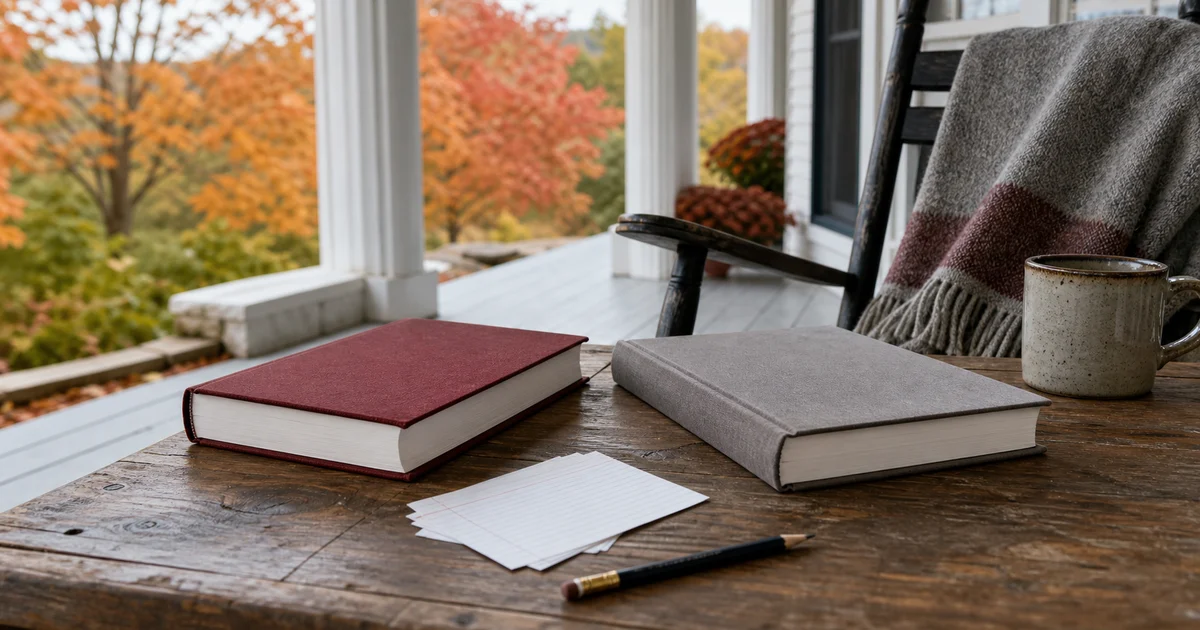 New England fall porch table with two blank business books, index cards, pencil, and copper leaves
