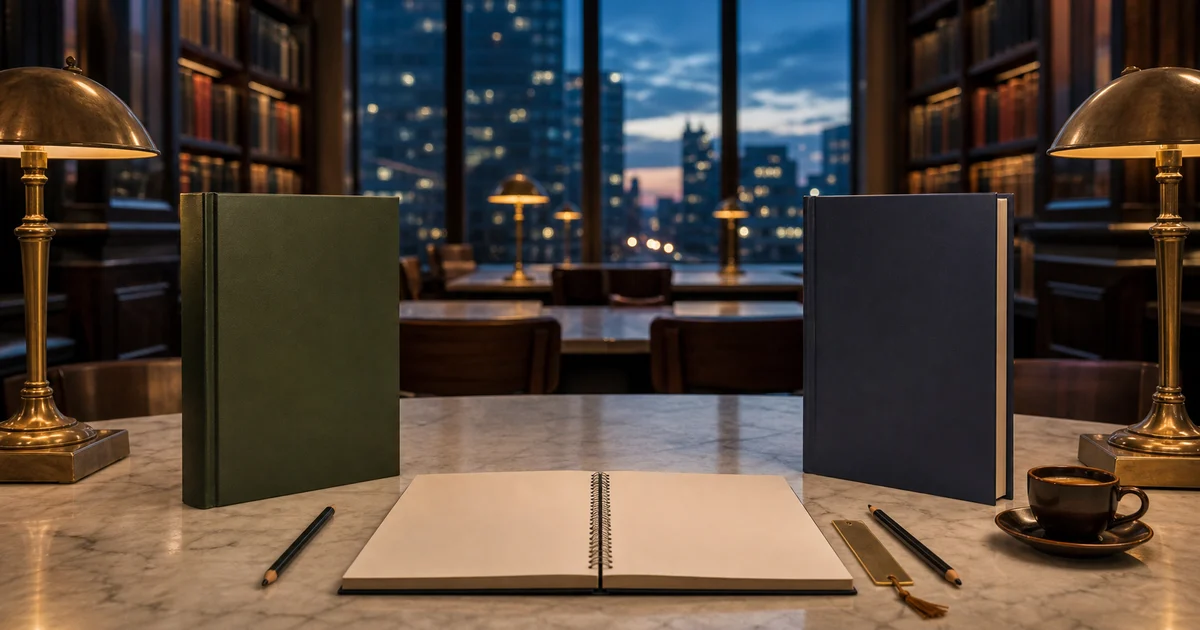 New York library cafe reading room at dusk with two strategy books, brass lamps, and comparison notes