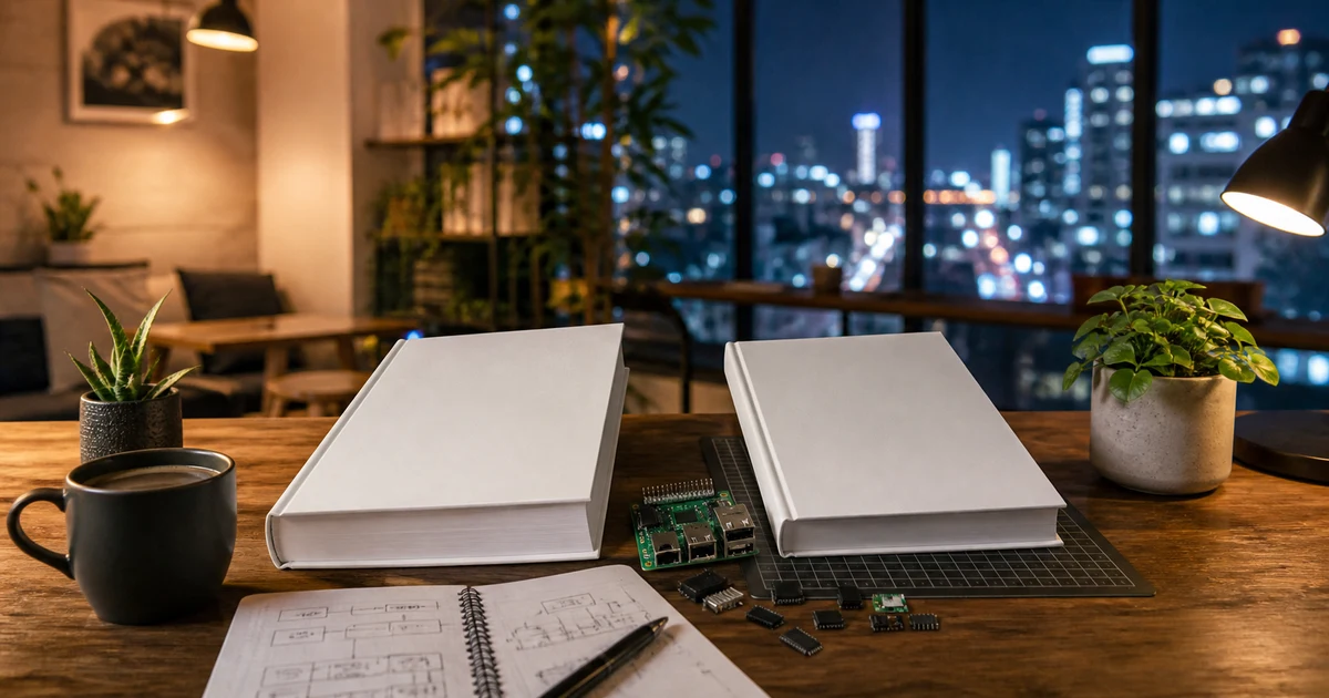 Tokyo night literary cafe table with two blank technical books, unbranded single-board computer parts, abstract system diagrams, coffee, plants, and city lights