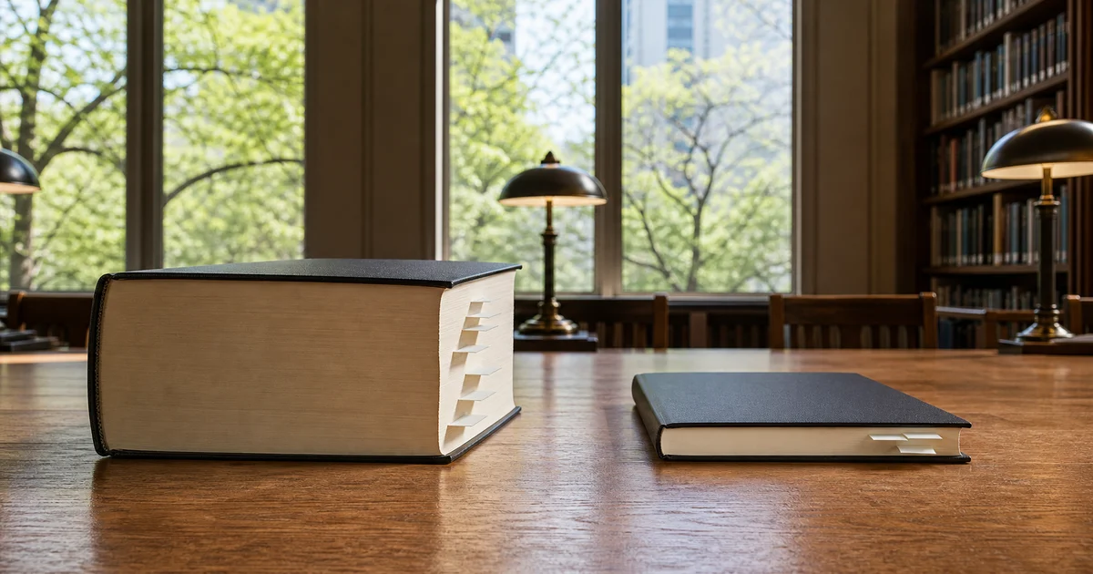 A spring public library table with two blank books set apart for comparison under soft afternoon light.