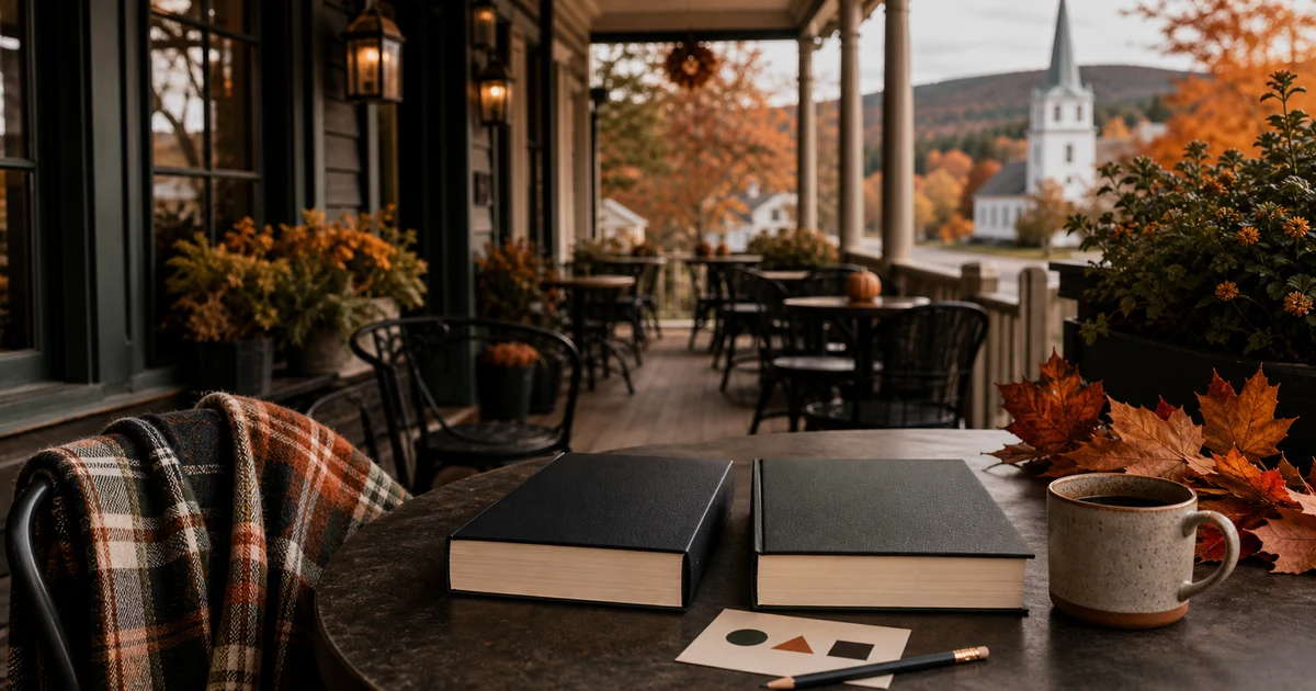 New England fall porch cafe table with two blank investing books, coffee, pencil, and abstract comparison card