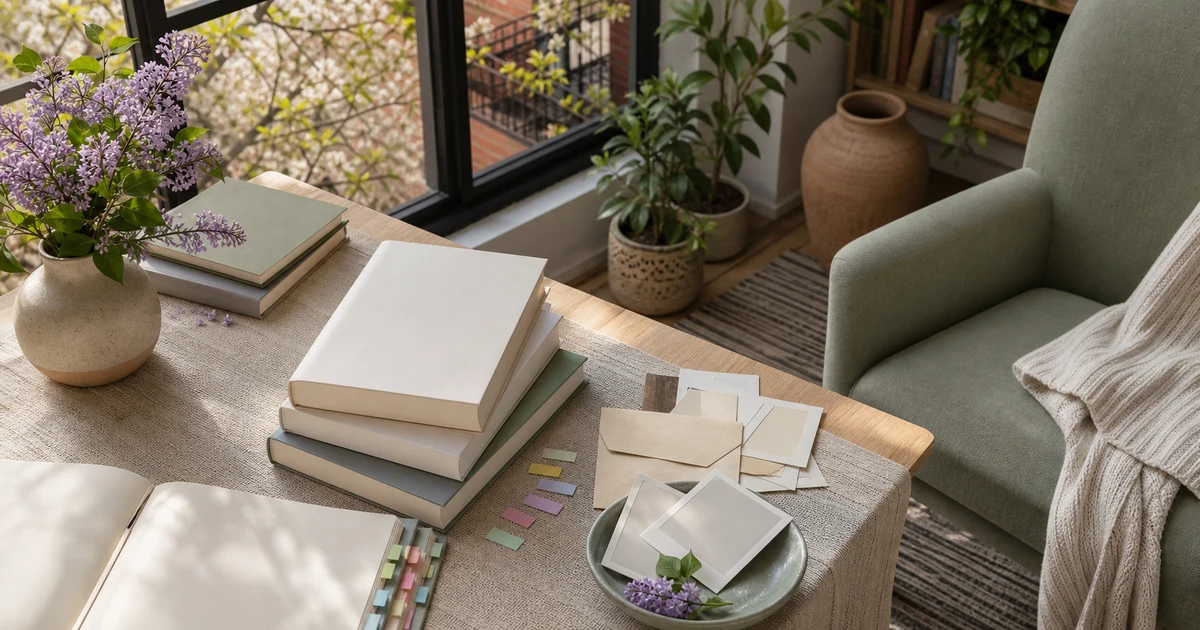A bright spring apartment reading table with blank books, photo envelopes, sticky tabs, flowers, and a soft green chair
