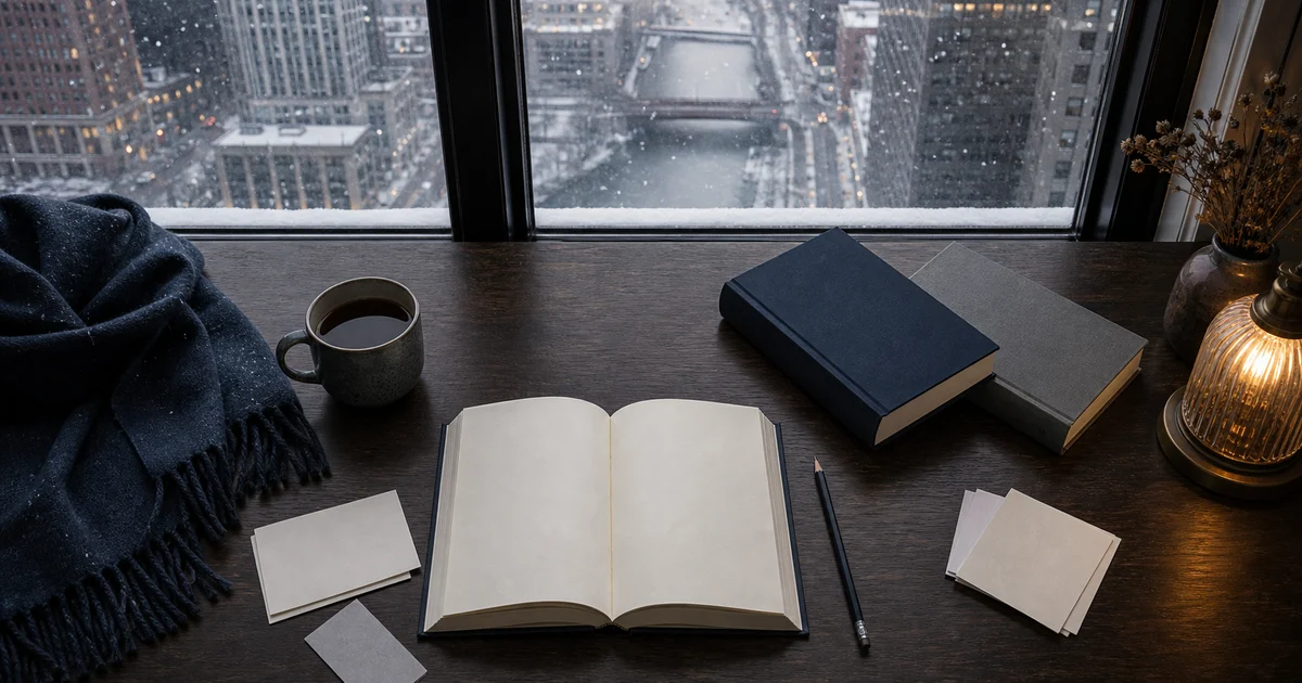 A Chicago winter window desk with blank books, index cards, pencil, wool scarf, and amber city light