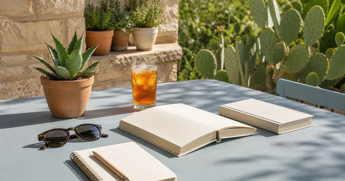 A sunny patio reading table with blank books, iced tea, desert plants, sunglasses, and bright afternoon shadows
