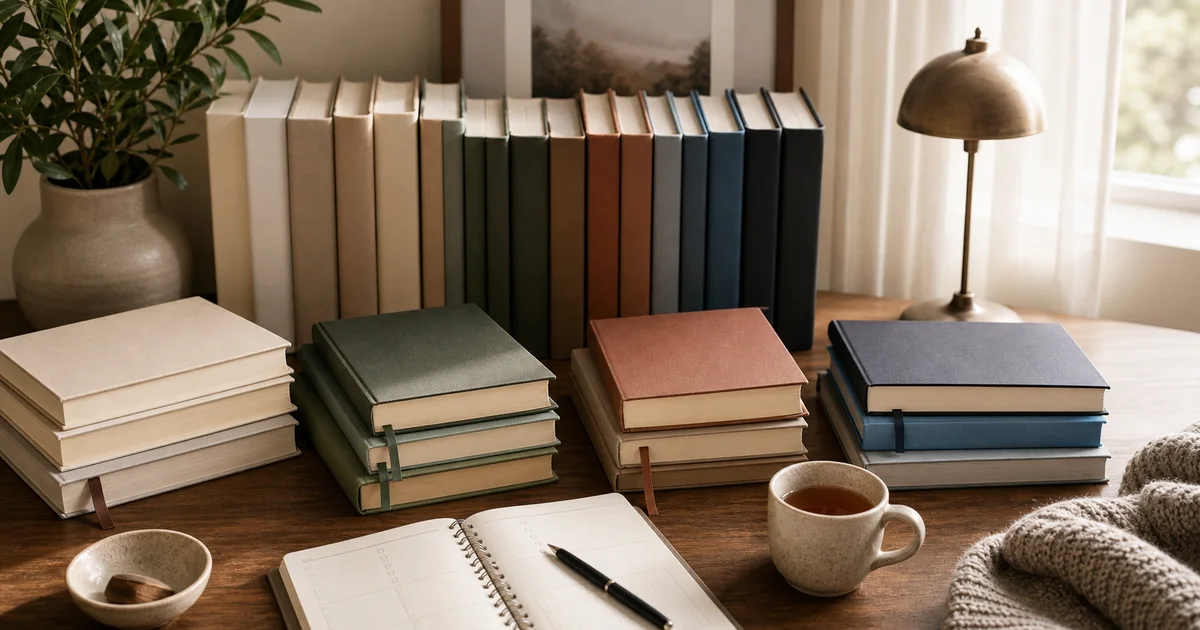 Elegant reading table with blank books grouped by mood, a planner, bookmark ribbons, warm tea, and a quiet window