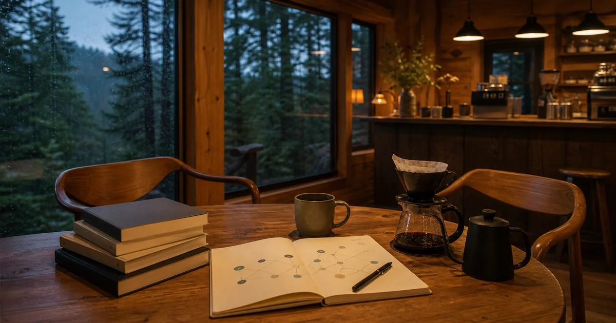 Pacific Northwest cabin cafe table with blank books, abstract customer journey notebook, pour-over coffee, and forest windows