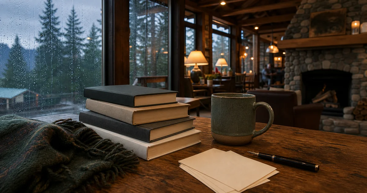 Pacific Northwest coffeehouse corner with leadership books, rain-streaked windows, evergreen view, and evening lamps