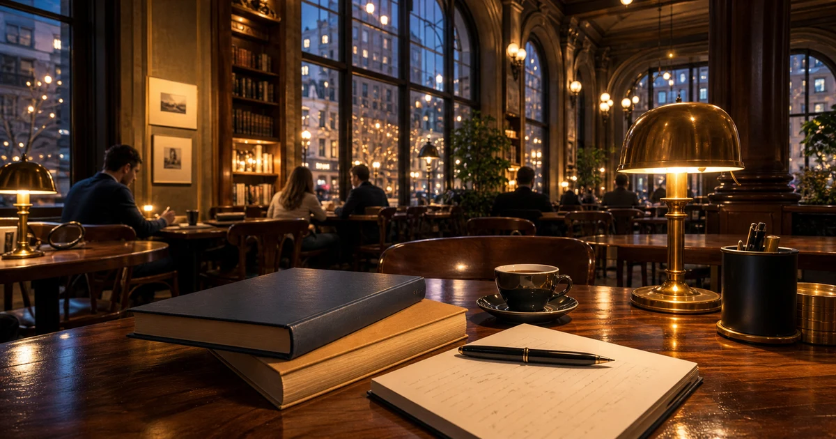 New York literary coffeehouse reading room with blank books, brass lamps, coffee, and abstract negotiation notes at dusk