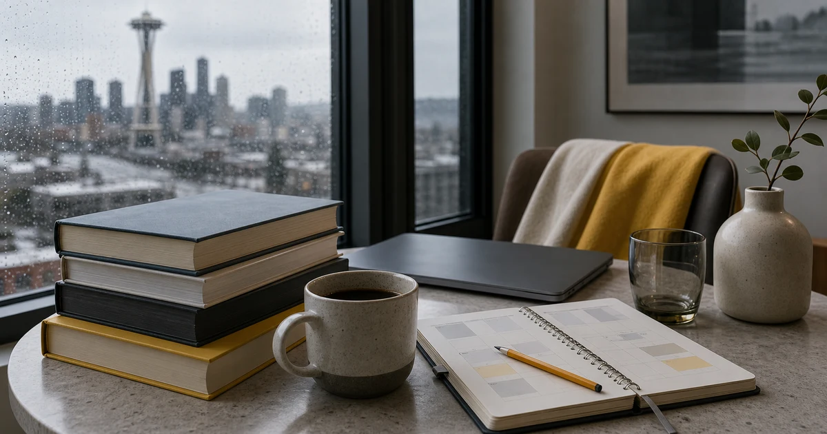Rainy Seattle apartment breakfast table with blank business books, closed laptop, pencil, calendar, and coffee