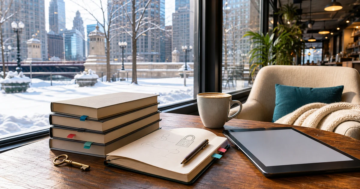 Bright Chicago winter coffeehouse table with blank technology books, notebook security sketches, coffee, brass key, and a blank tablet