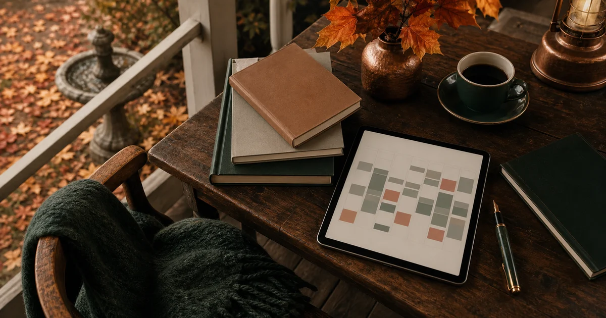 New England fall cafe porch table with blank books, a tablet showing abstract calendar blocks, coffee, maple leaves, and a fountain pen