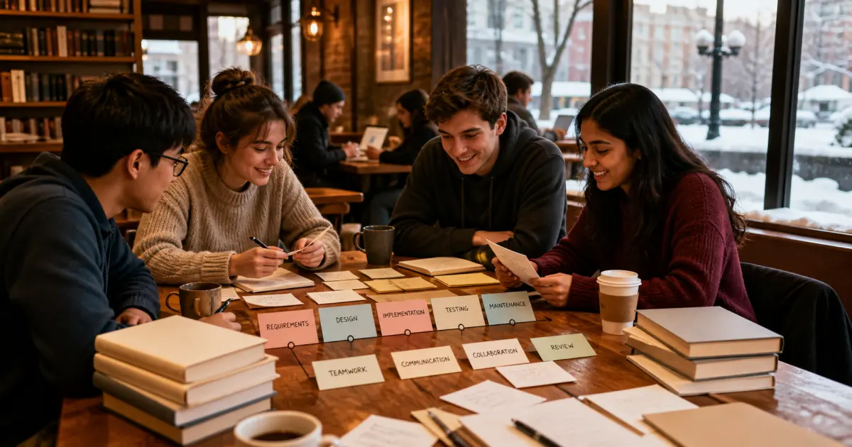 Students in a snowy Chicago literary cafe arranging blank software engineering books, project timeline cards, notebooks, and coffee before a team study session