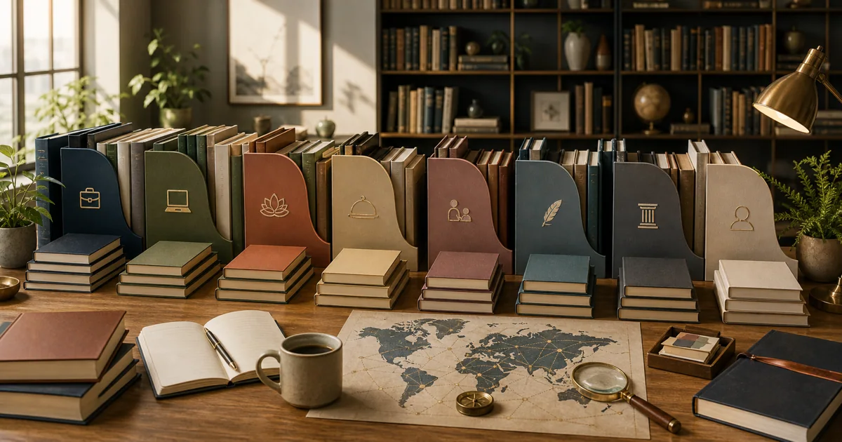 Organized editorial library table with book category stacks for broad US book discovery