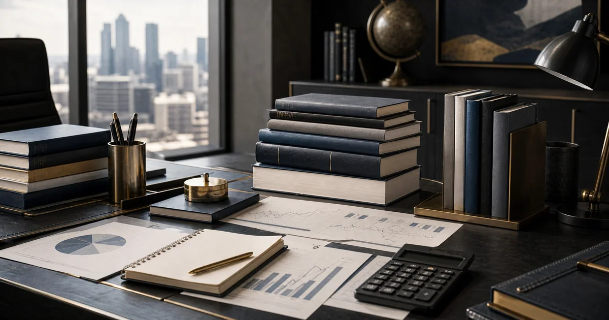 Polished business and money reading desk with blank financial sheets, strategy books, and brass details