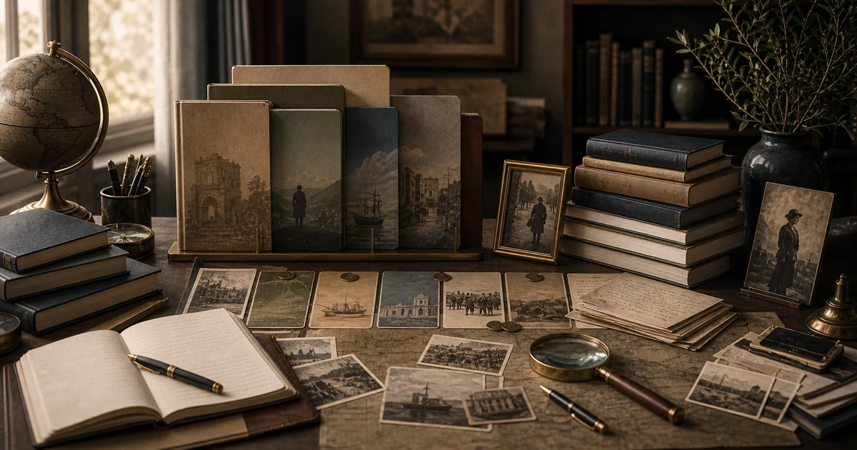 Archival reading room table with history books, memoir notes, maps, and cultural memory objects