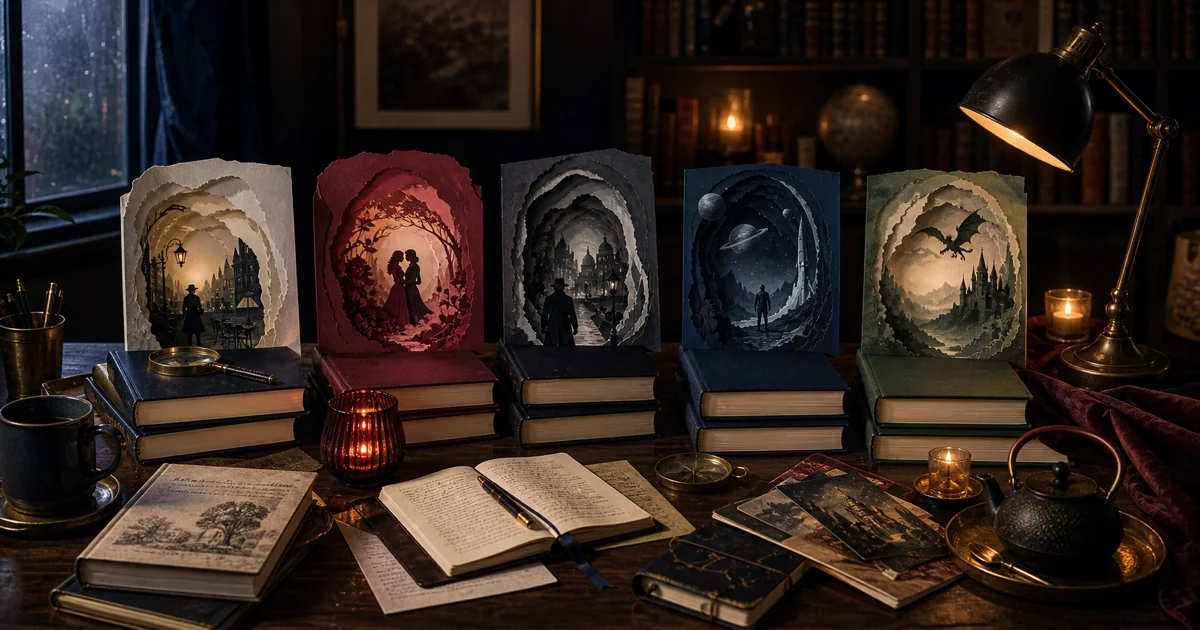 Cinematic fiction reading table with genre book stacks, lamp light, and immersive story atmosphere